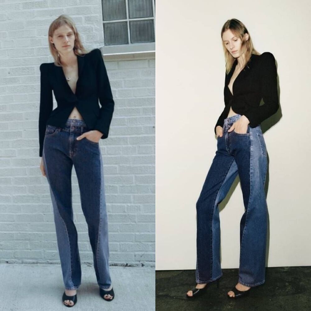 Zara Contrasting High-Waisted ZW Straight Leg Jeans 42, US 10 NWT